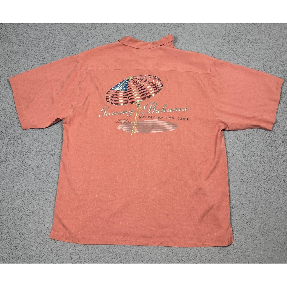 Tommy Bahama Shirt Mens‎ Large Pink Silk United in the Sand Beach Patriotic
